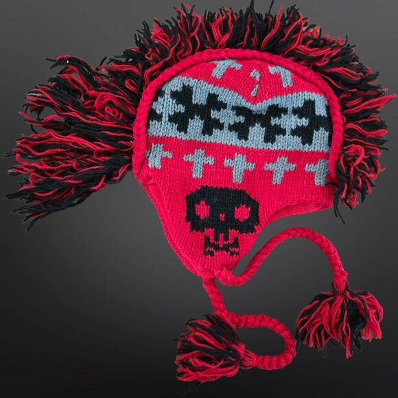 Wool Mohawk Ear Flap Hat Skulls Crosses Red Punk Grunge Adult Size Made In Nepal - Picture 4 of 6